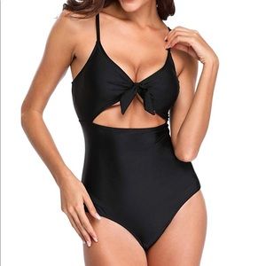 Bow tie knot cutout black one piece monokini